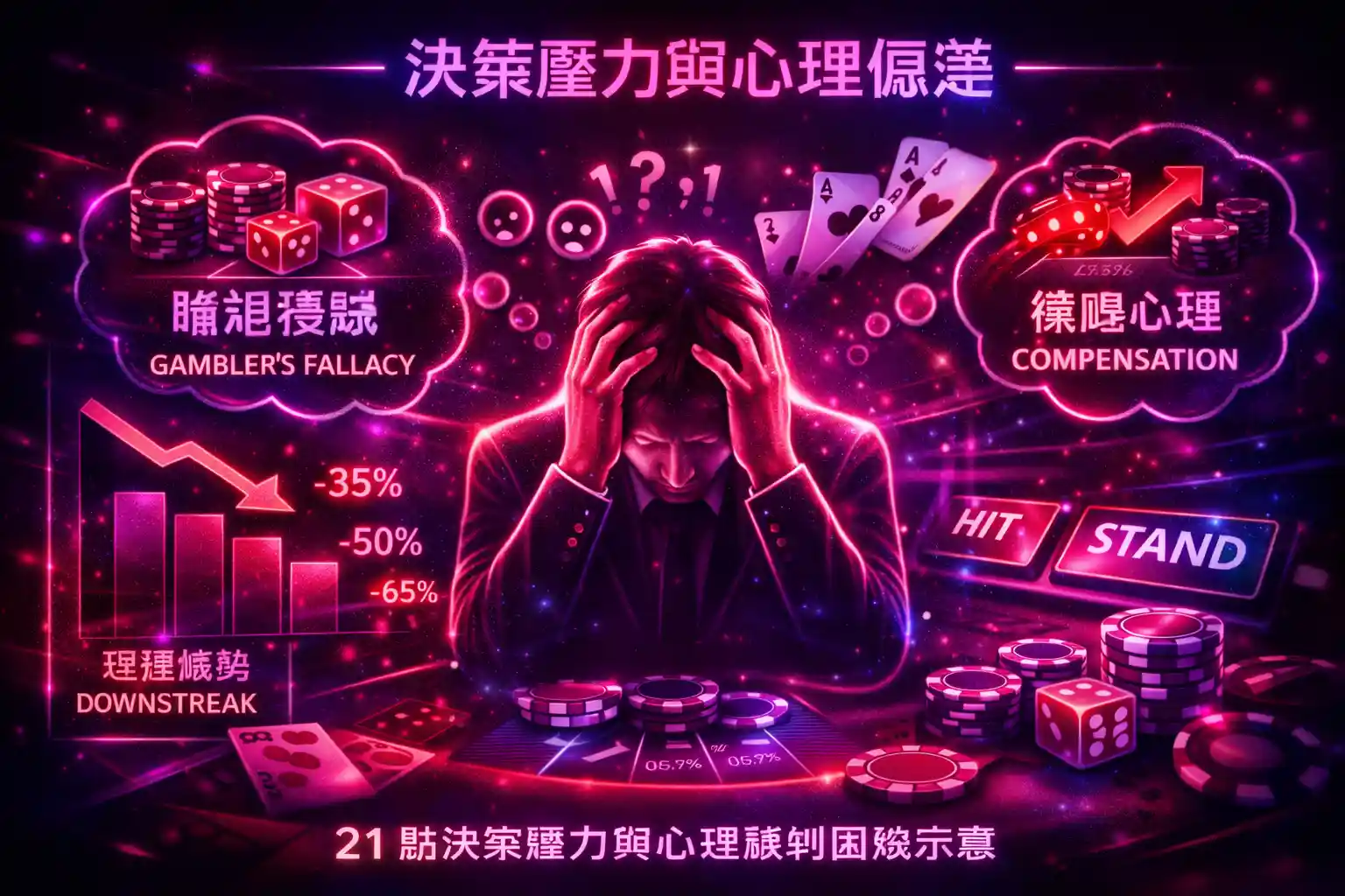 21點決策壓力與心理偏差示意圖