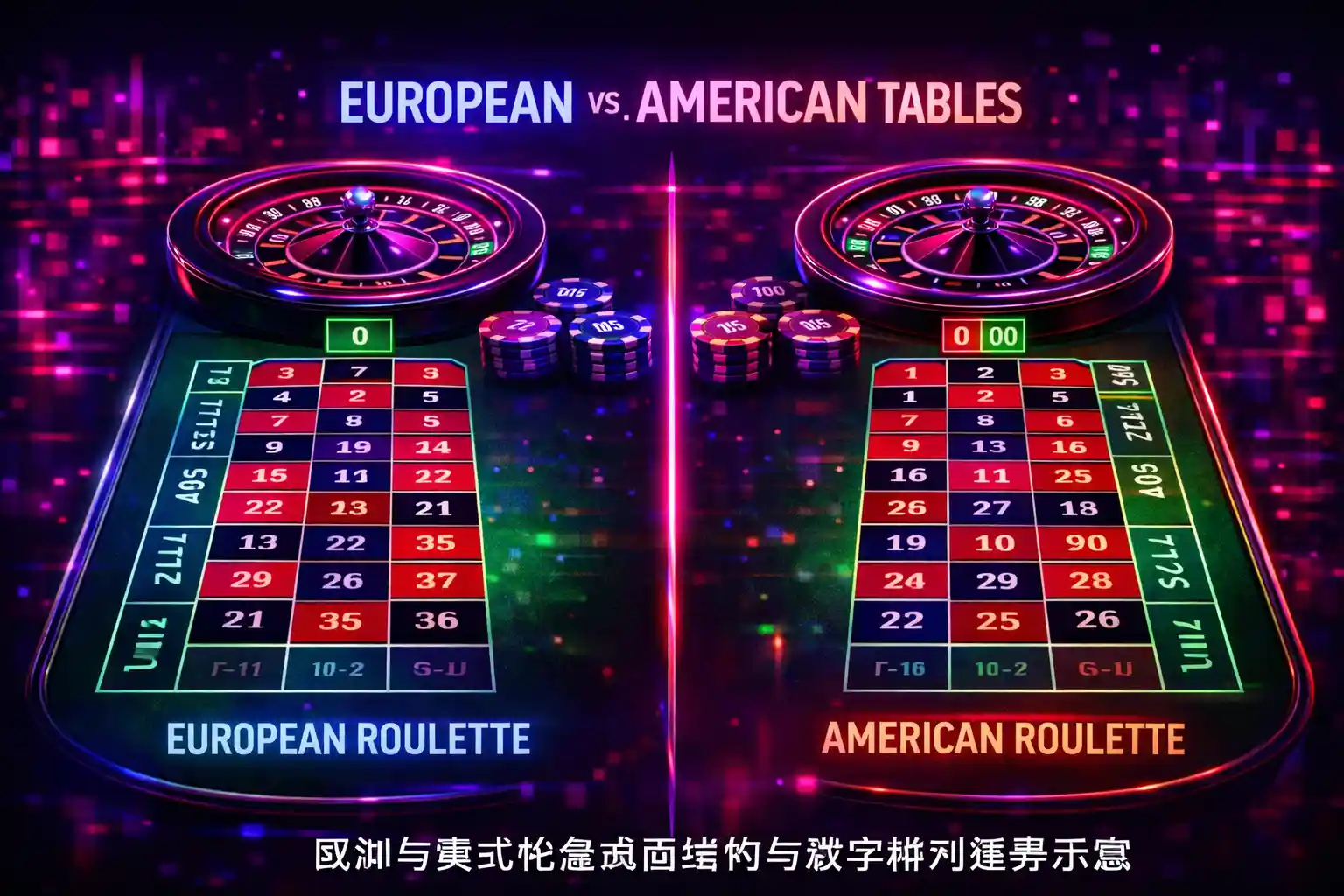 欧洲轮盘与美式轮盘桌面结构差异示意图