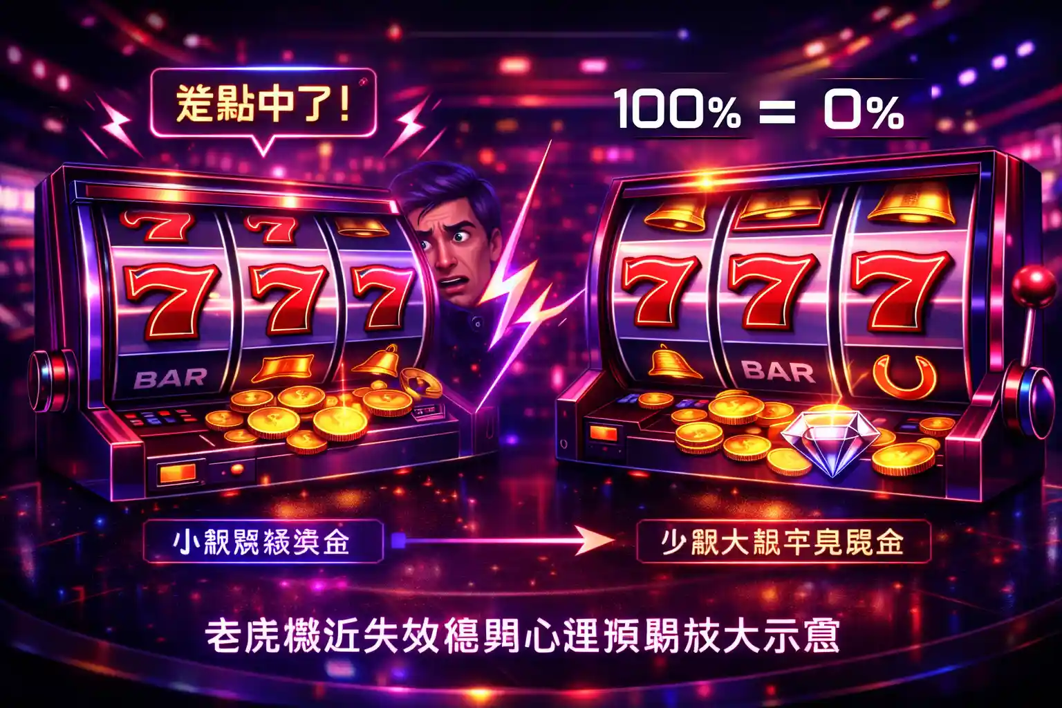 老虎機近失效應與心理偏差示意圖