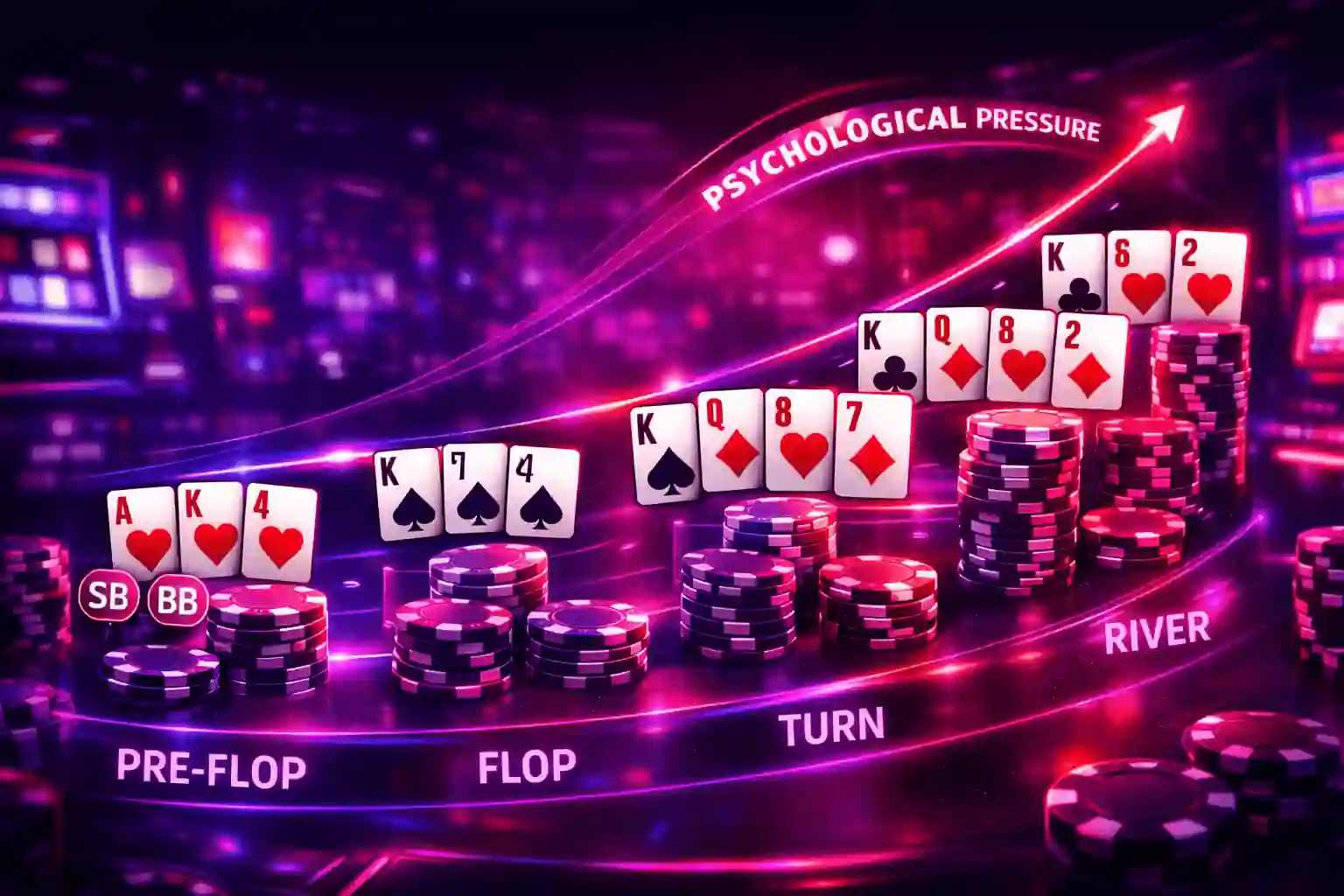 德州撲克下注輪次與籌碼壓力示意圖