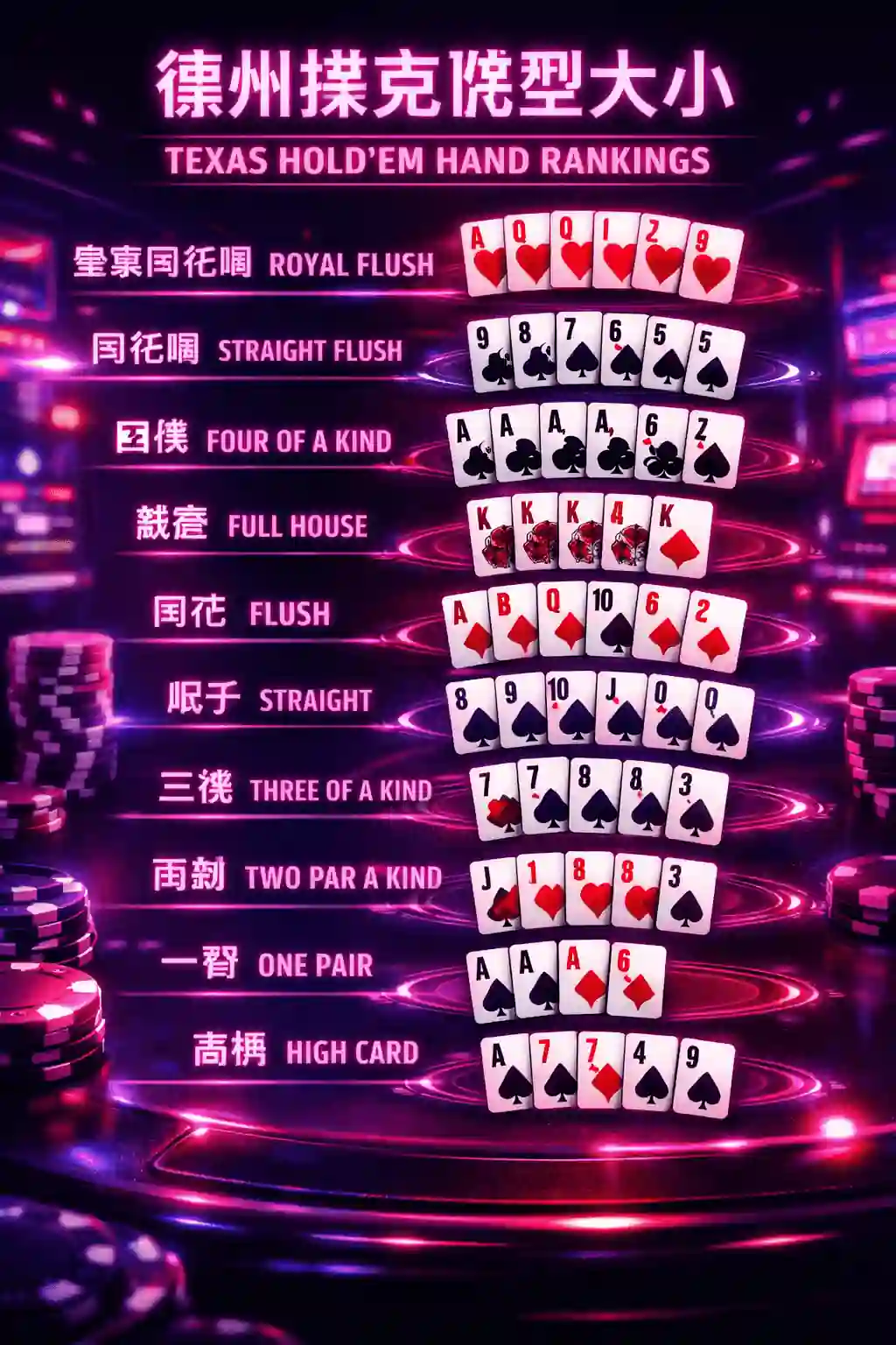 德州撲克牌型大小排序示意圖