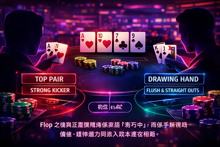 poker 新手學習在 flop 後判斷頂對抽牌與實際價值